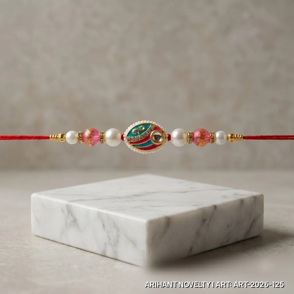 Pink-Teal Meenakari Eye Pearl Rakhi – handmade Meenakari rakhi from Bikaner by Arihant Novelty