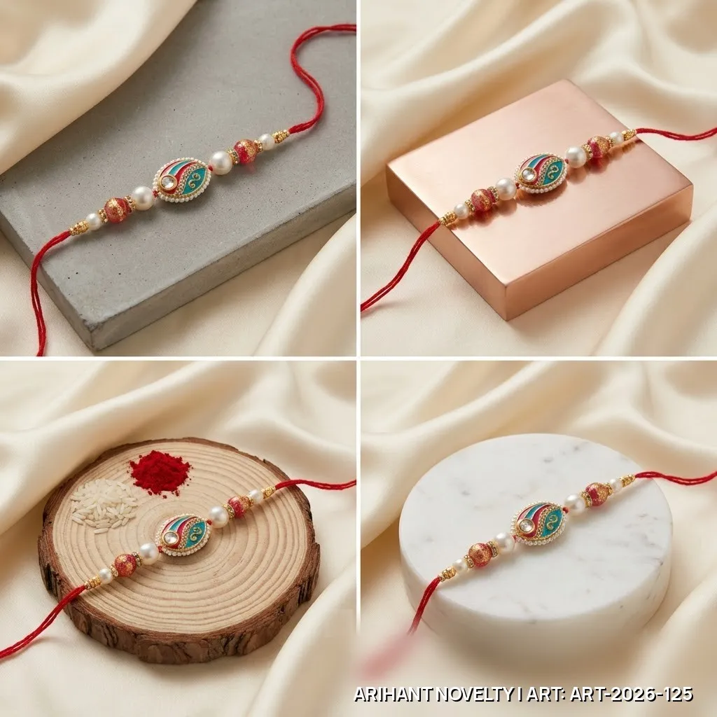 Pink-Teal Meenakari Eye Pearl Rakhi – handmade Meenakari rakhi from Bikaner by Arihant Novelty