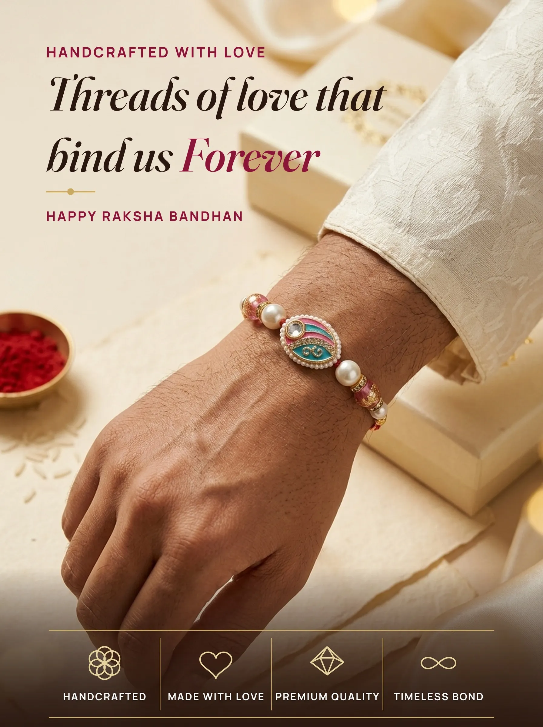 Pink-Teal Meenakari Eye Pearl Rakhi – handmade Meenakari rakhi from Bikaner by Arihant Novelty