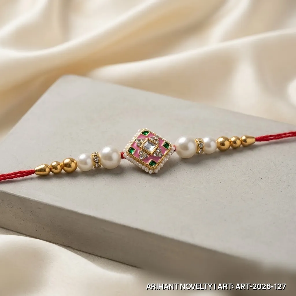 Pink Meenakari Diamond Pearl Rakhi – handmade Meenakari rakhi from Bikaner by Arihant Novelty