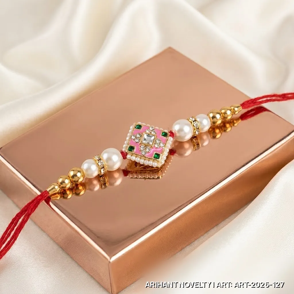 Pink Meenakari Diamond Pearl Rakhi – handmade Meenakari rakhi from Bikaner by Arihant Novelty