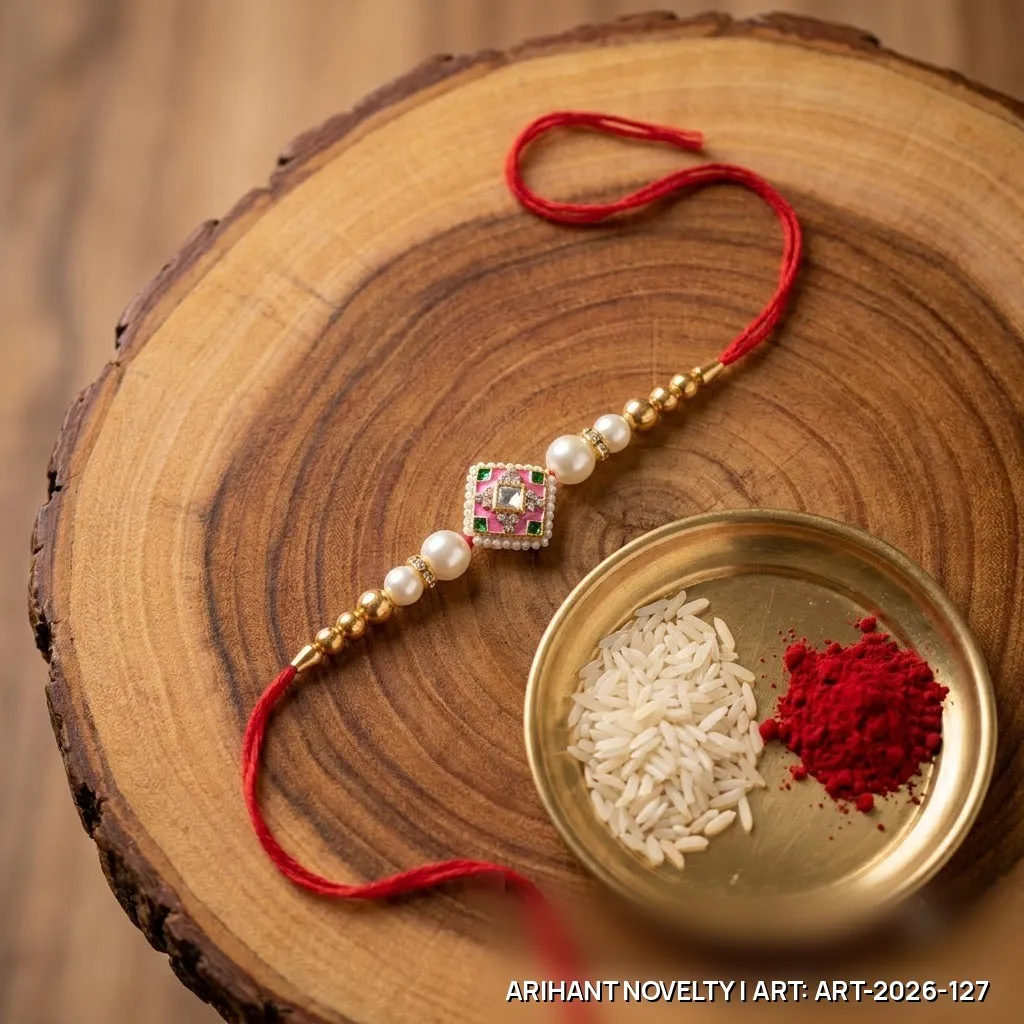 Pink Meenakari Diamond Pearl Rakhi – handmade Meenakari rakhi from Bikaner by Arihant Novelty