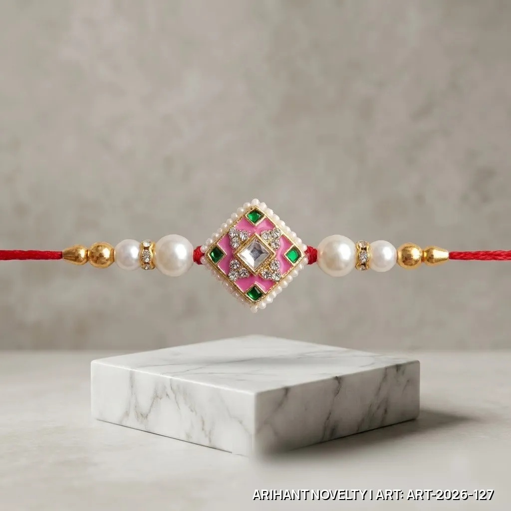 Pink Meenakari Diamond Pearl Rakhi – handmade Meenakari rakhi from Bikaner by Arihant Novelty