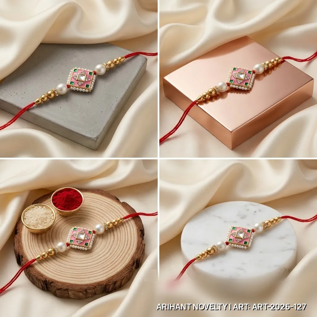 Pink Meenakari Diamond Pearl Rakhi – handmade Meenakari rakhi from Bikaner by Arihant Novelty