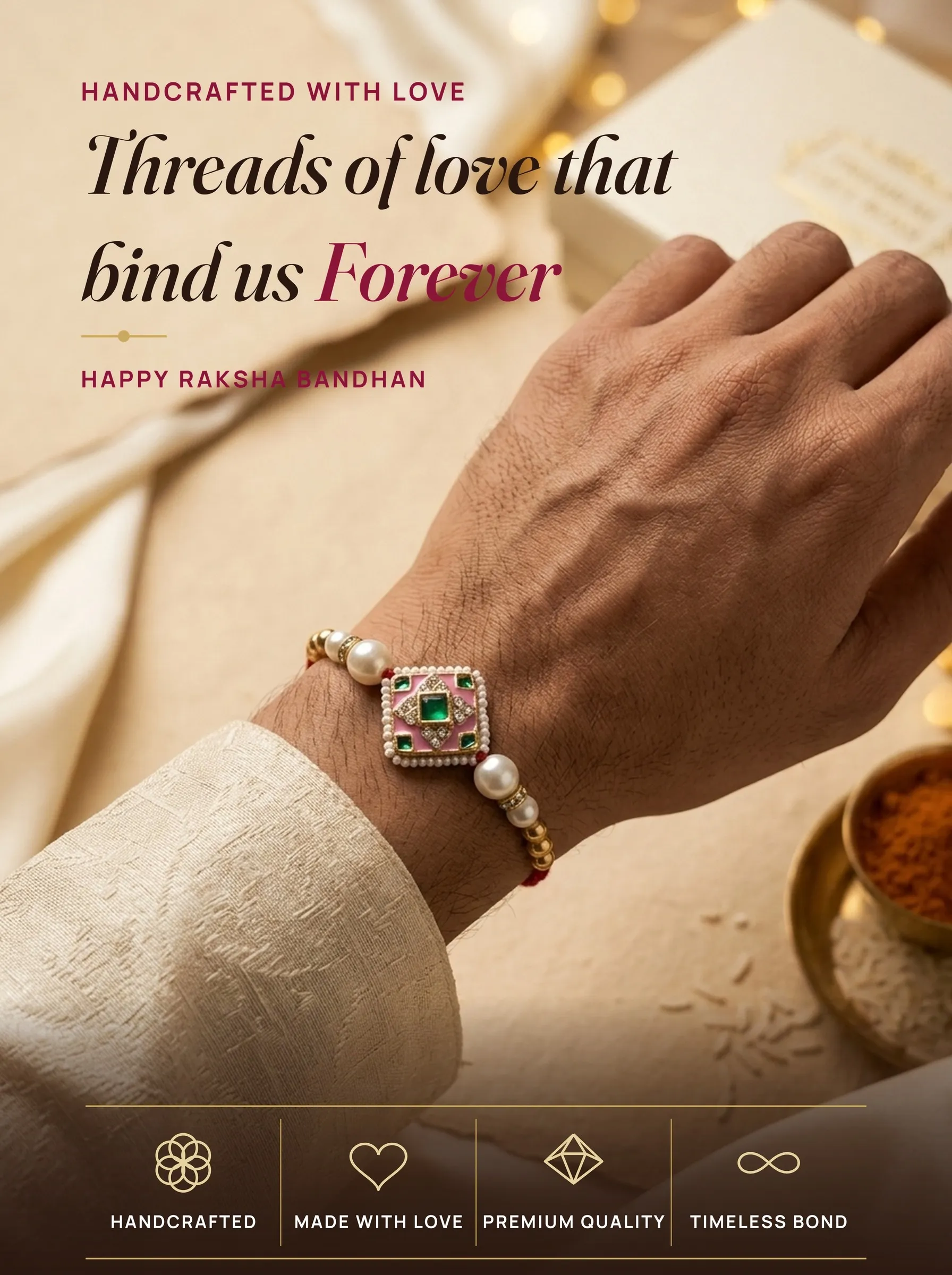 Pink Meenakari Diamond Pearl Rakhi – handmade Meenakari rakhi from Bikaner by Arihant Novelty