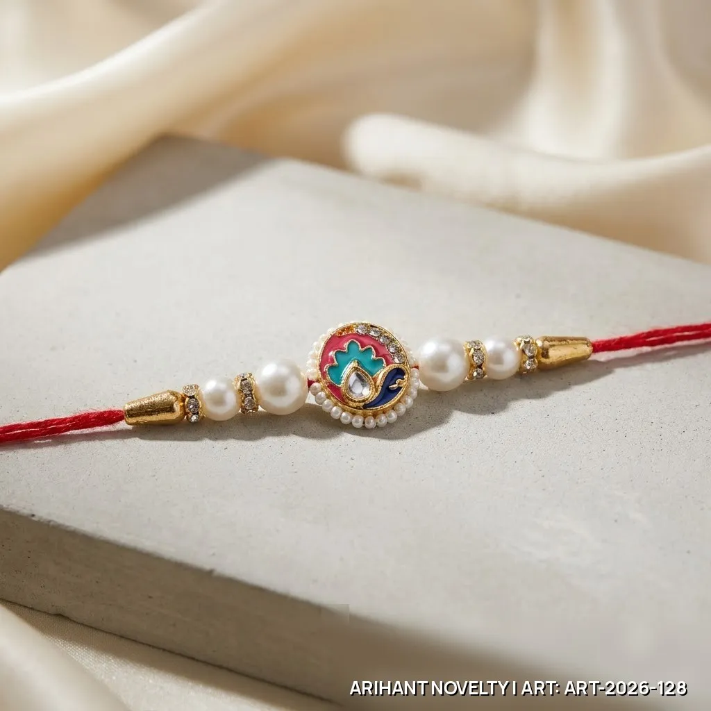 Red-Teal Meenakari Paisley Pearl Rakhi – handmade Meenakari rakhi from Bikaner by Arihant Novelty