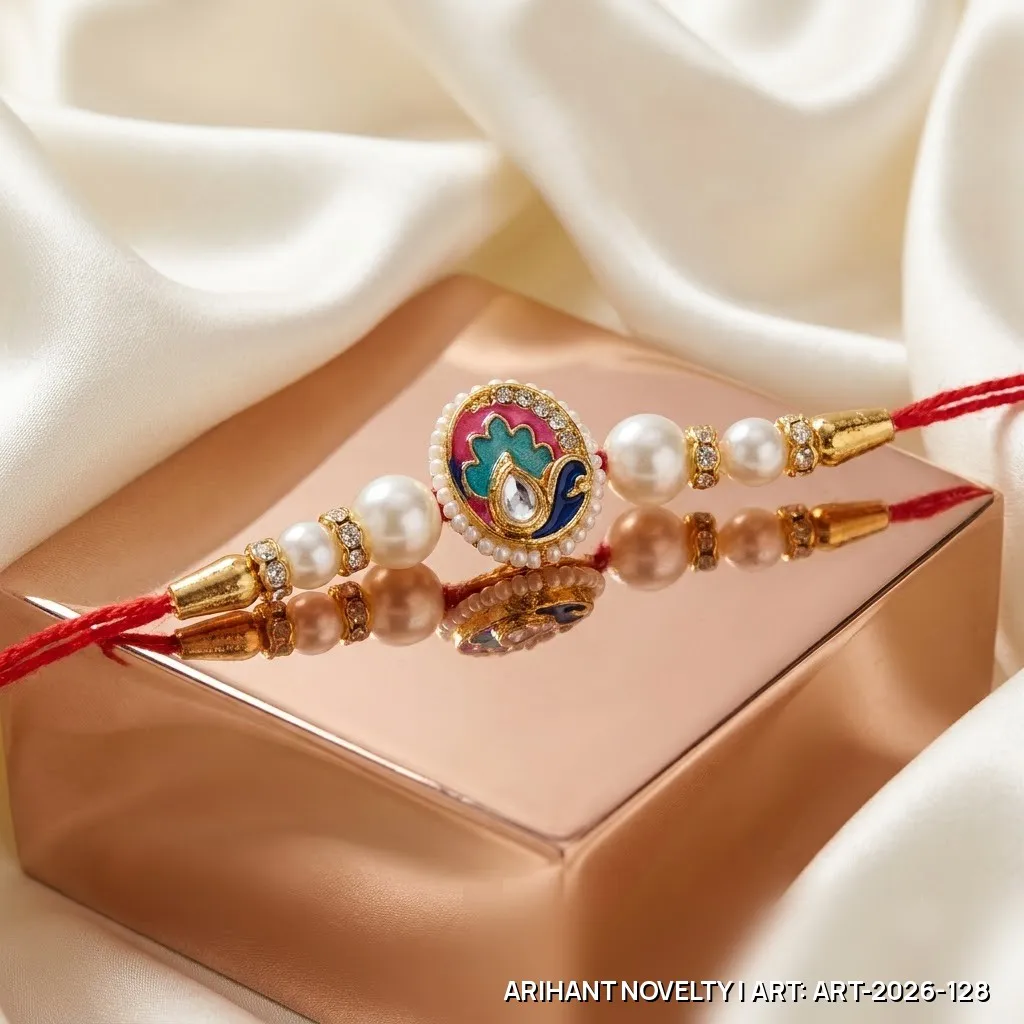 Red-Teal Meenakari Paisley Pearl Rakhi – handmade Meenakari rakhi from Bikaner by Arihant Novelty