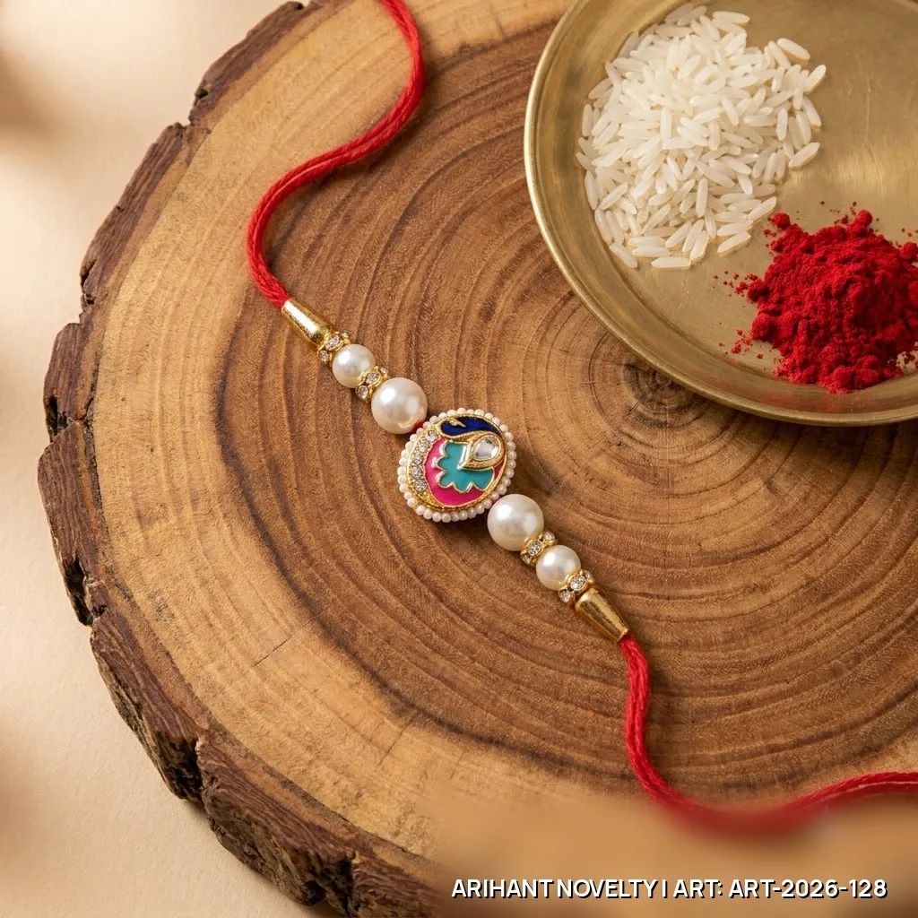 Red-Teal Meenakari Paisley Pearl Rakhi – handmade Meenakari rakhi from Bikaner by Arihant Novelty
