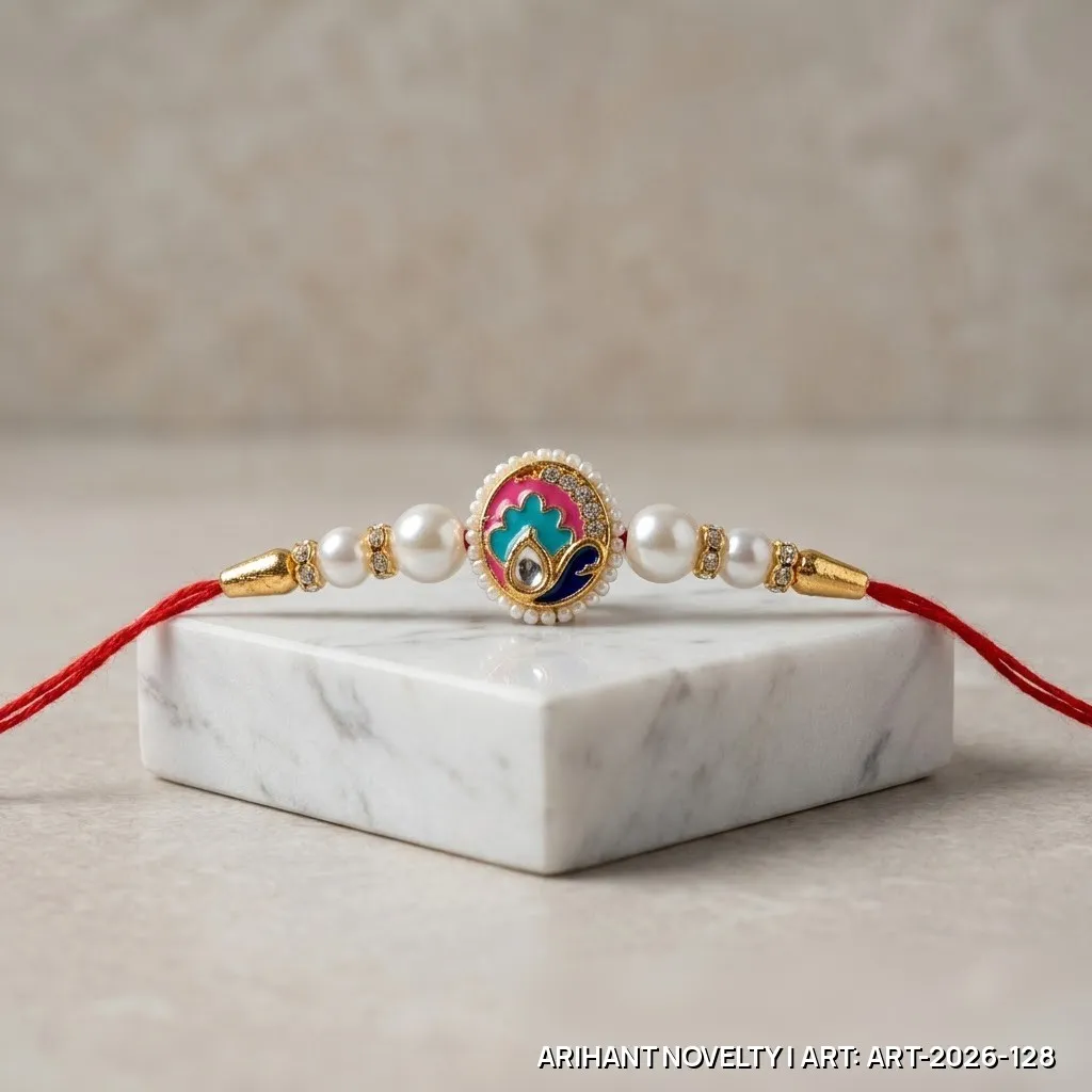 Red-Teal Meenakari Paisley Pearl Rakhi – handmade Meenakari rakhi from Bikaner by Arihant Novelty