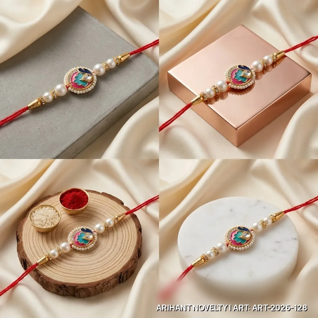Red-Teal Meenakari Paisley Pearl Rakhi – handmade Meenakari rakhi from Bikaner by Arihant Novelty