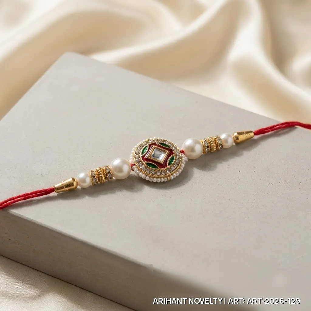 Red-Green Meenakari Medallion Pearl Rakhi – handmade Meenakari rakhi from Bikaner by Arihant Novelty