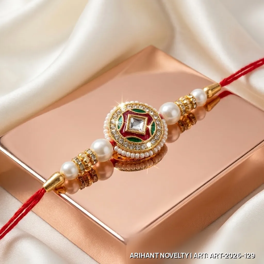 Red-Green Meenakari Medallion Pearl Rakhi – handmade Meenakari rakhi from Bikaner by Arihant Novelty
