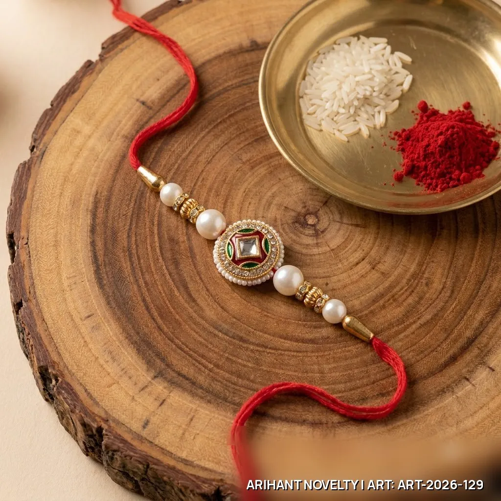 Red-Green Meenakari Medallion Pearl Rakhi – handmade Meenakari rakhi from Bikaner by Arihant Novelty
