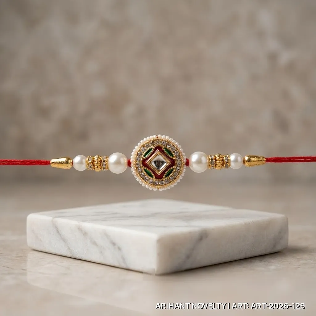 Red-Green Meenakari Medallion Pearl Rakhi – handmade Meenakari rakhi from Bikaner by Arihant Novelty