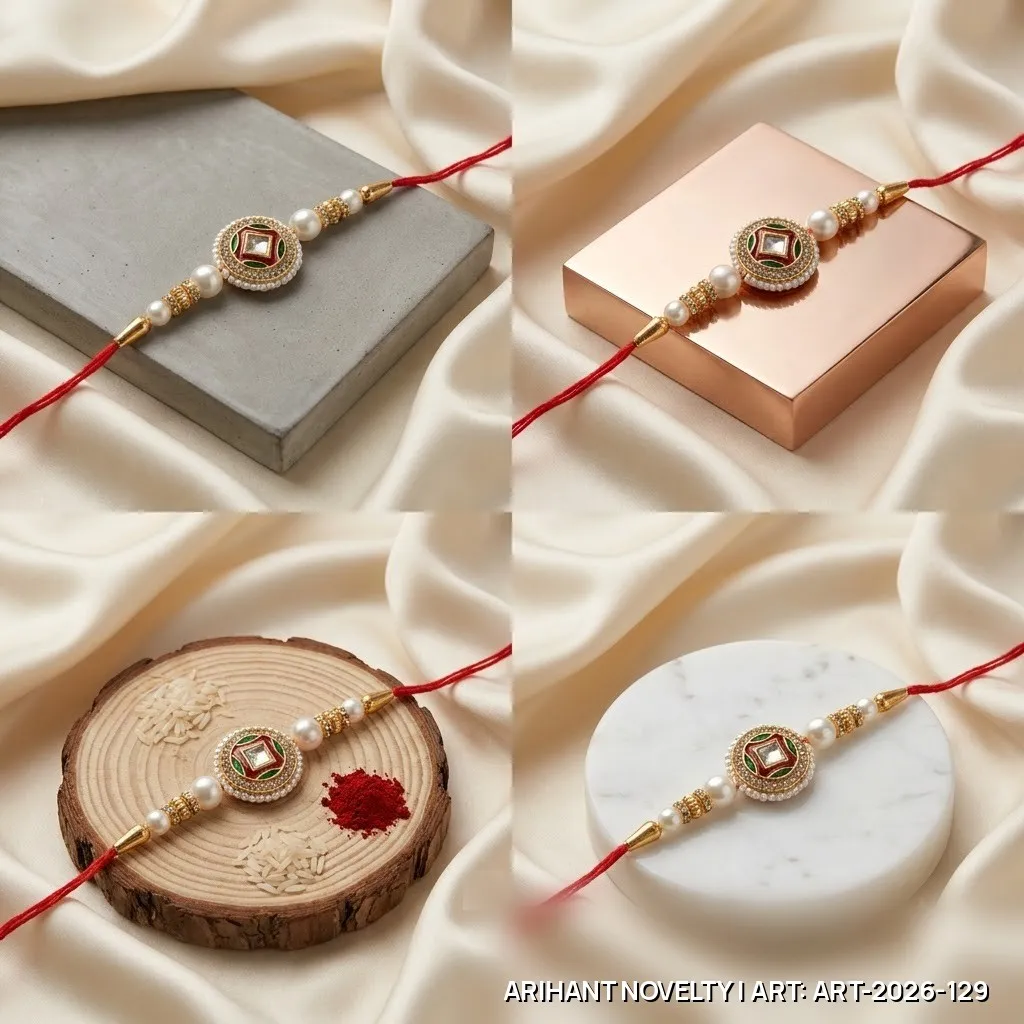 Red-Green Meenakari Medallion Pearl Rakhi – handmade Meenakari rakhi from Bikaner by Arihant Novelty