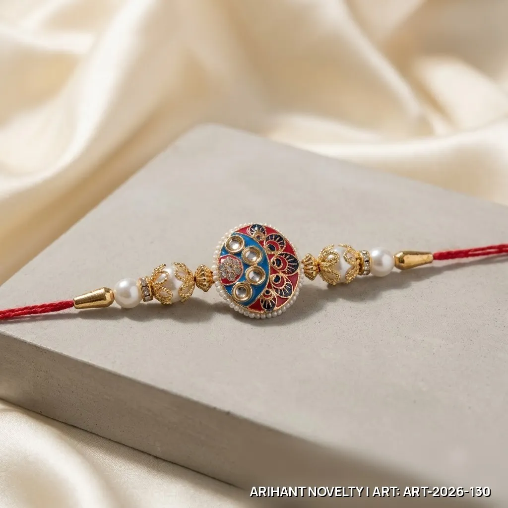 Blue-Red Meenakari Medallion Pearl Rakhi – handmade Meenakari rakhi from Bikaner by Arihant Novelty