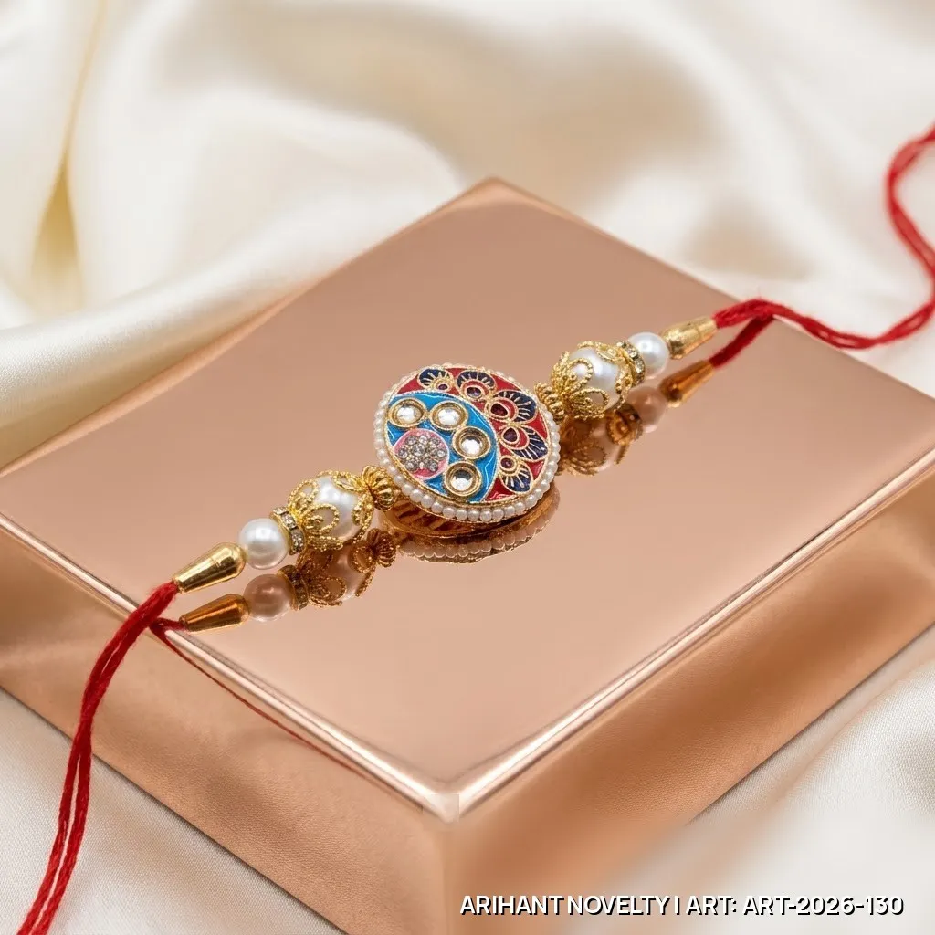 Blue-Red Meenakari Medallion Pearl Rakhi – handmade Meenakari rakhi from Bikaner by Arihant Novelty