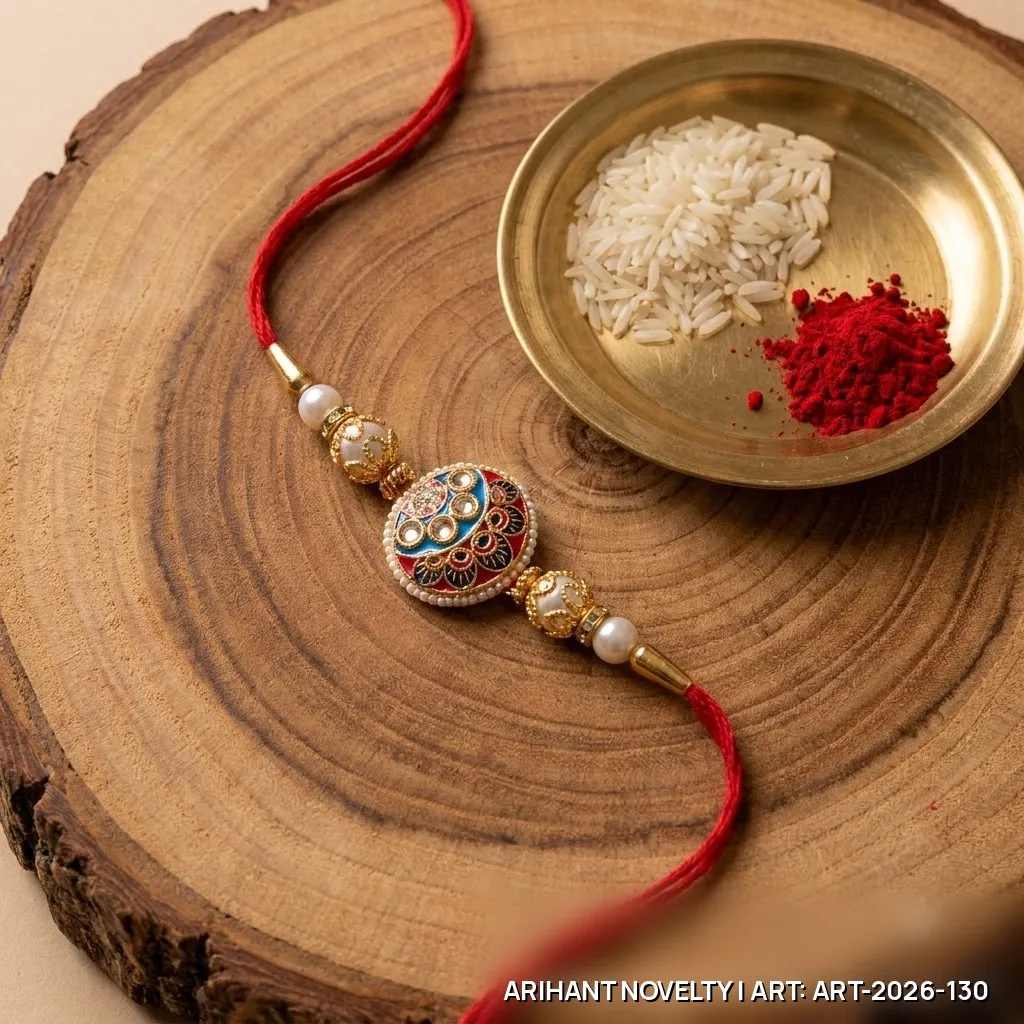 Blue-Red Meenakari Medallion Pearl Rakhi – handmade Meenakari rakhi from Bikaner by Arihant Novelty