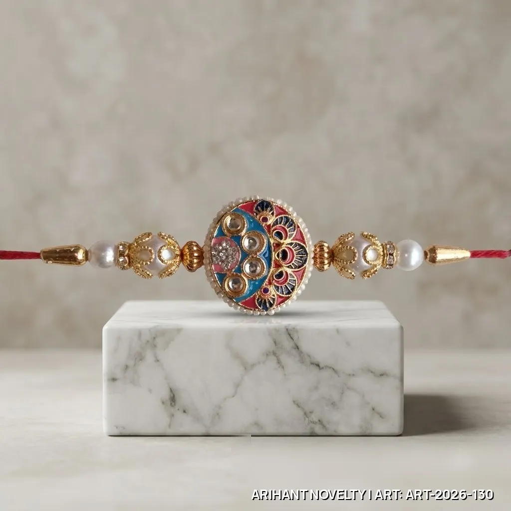 Blue-Red Meenakari Medallion Pearl Rakhi – handmade Meenakari rakhi from Bikaner by Arihant Novelty