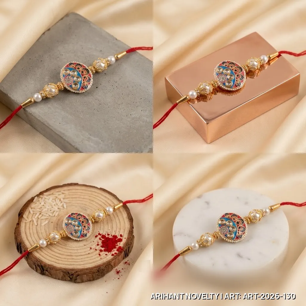 Blue-Red Meenakari Medallion Pearl Rakhi – handmade Meenakari rakhi from Bikaner by Arihant Novelty