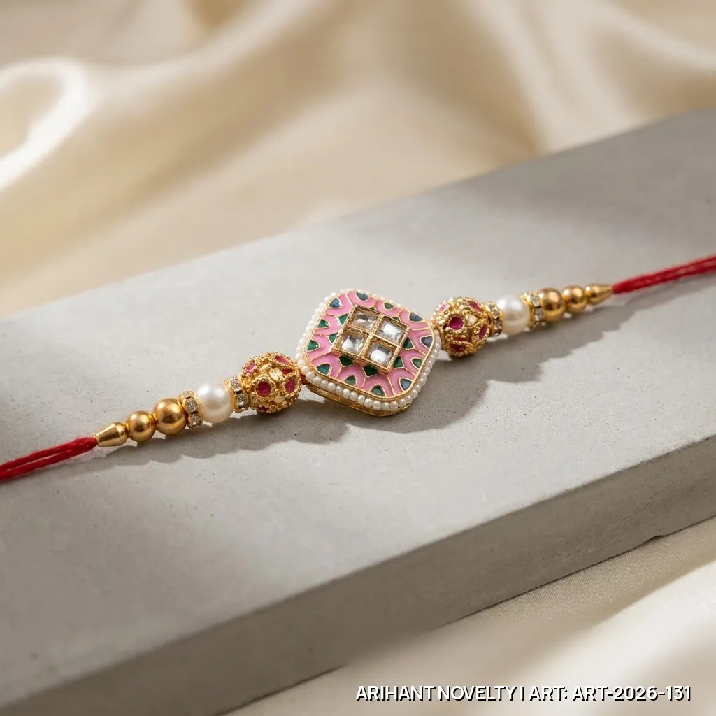 Pink Meenakari Window Kundan Rakhi – handmade Meenakari rakhi from Bikaner by Arihant Novelty