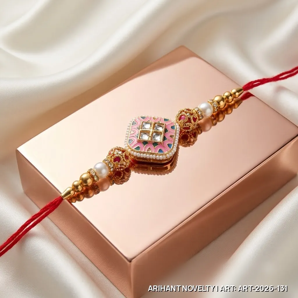 Pink Meenakari Window Kundan Rakhi – handmade Meenakari rakhi from Bikaner by Arihant Novelty