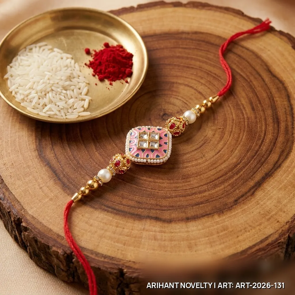 Pink Meenakari Window Kundan Rakhi – handmade Meenakari rakhi from Bikaner by Arihant Novelty