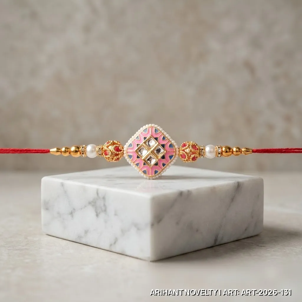 Pink Meenakari Window Kundan Rakhi – handmade Meenakari rakhi from Bikaner by Arihant Novelty