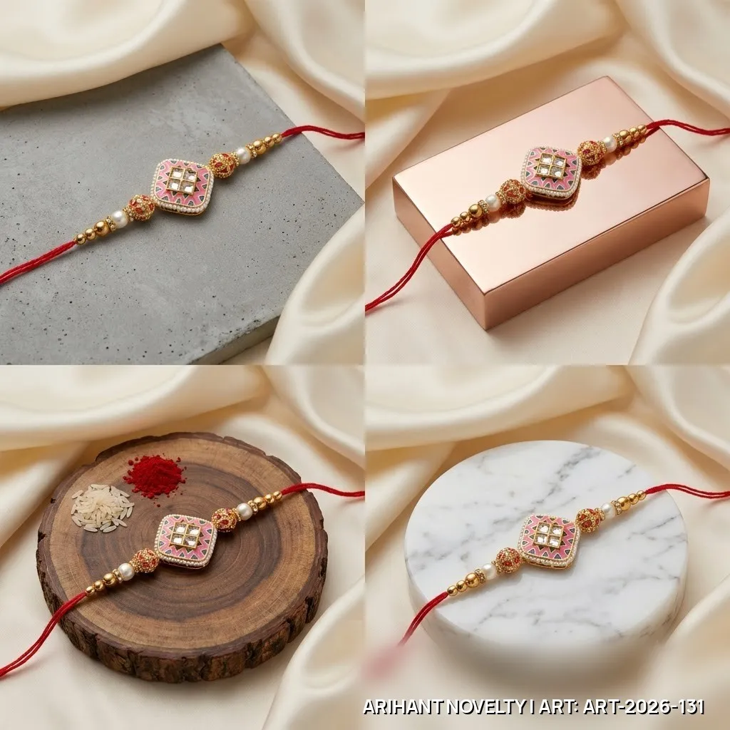 Pink Meenakari Window Kundan Rakhi – handmade Meenakari rakhi from Bikaner by Arihant Novelty
