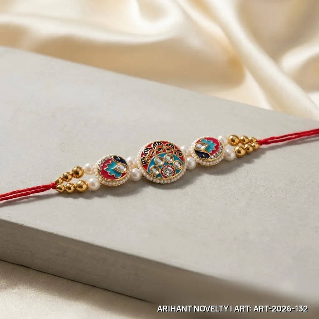 Red-Teal Triple Meenakari Pearl Rakhi – handmade Meenakari rakhi from Bikaner by Arihant Novelty