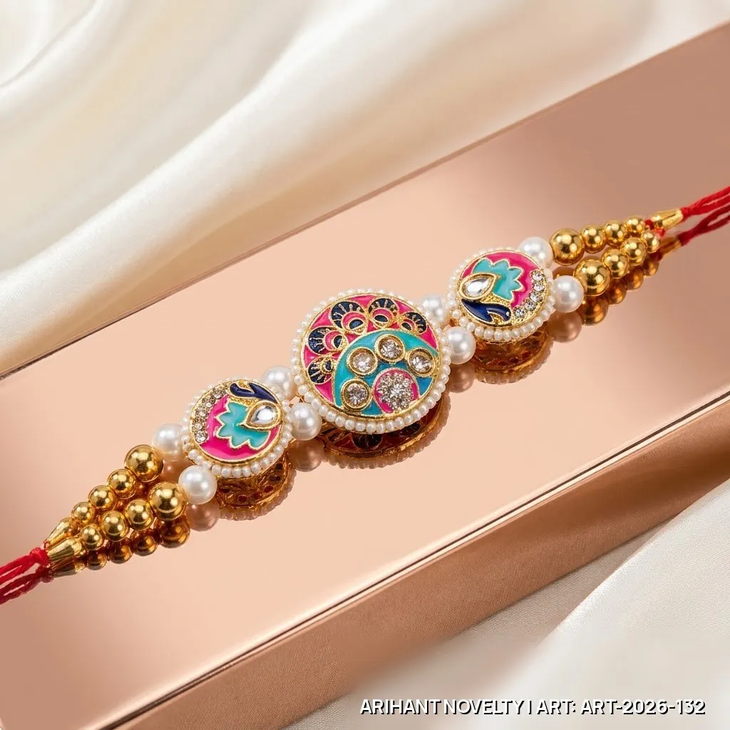 Red-Teal Triple Meenakari Pearl Rakhi – handmade Meenakari rakhi from Bikaner by Arihant Novelty
