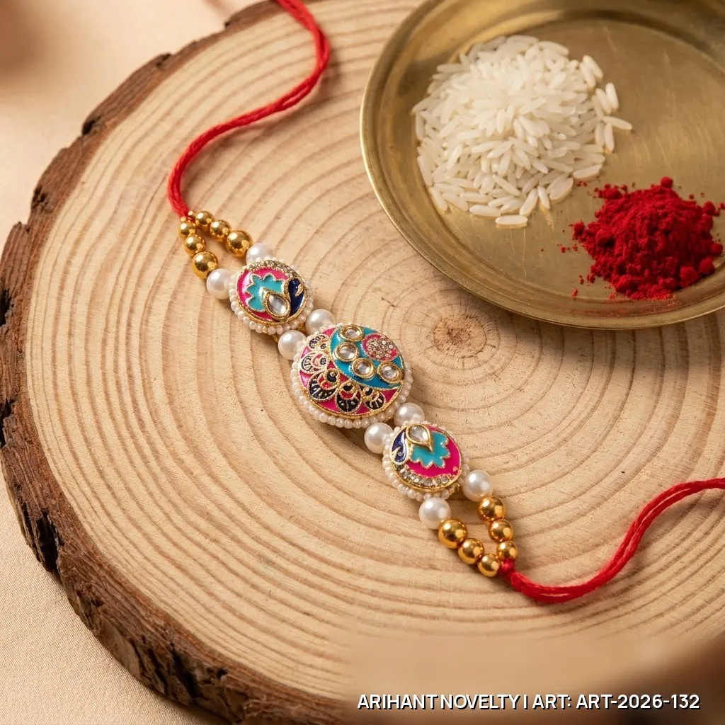 Red-Teal Triple Meenakari Pearl Rakhi – handmade Meenakari rakhi from Bikaner by Arihant Novelty