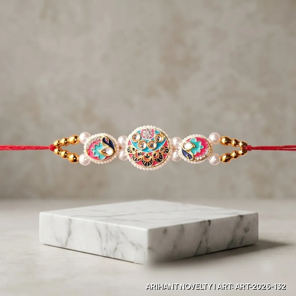 Red-Teal Triple Meenakari Pearl Rakhi – handmade Meenakari rakhi from Bikaner by Arihant Novelty