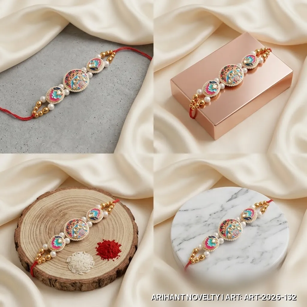 Red-Teal Triple Meenakari Pearl Rakhi – handmade Meenakari rakhi from Bikaner by Arihant Novelty