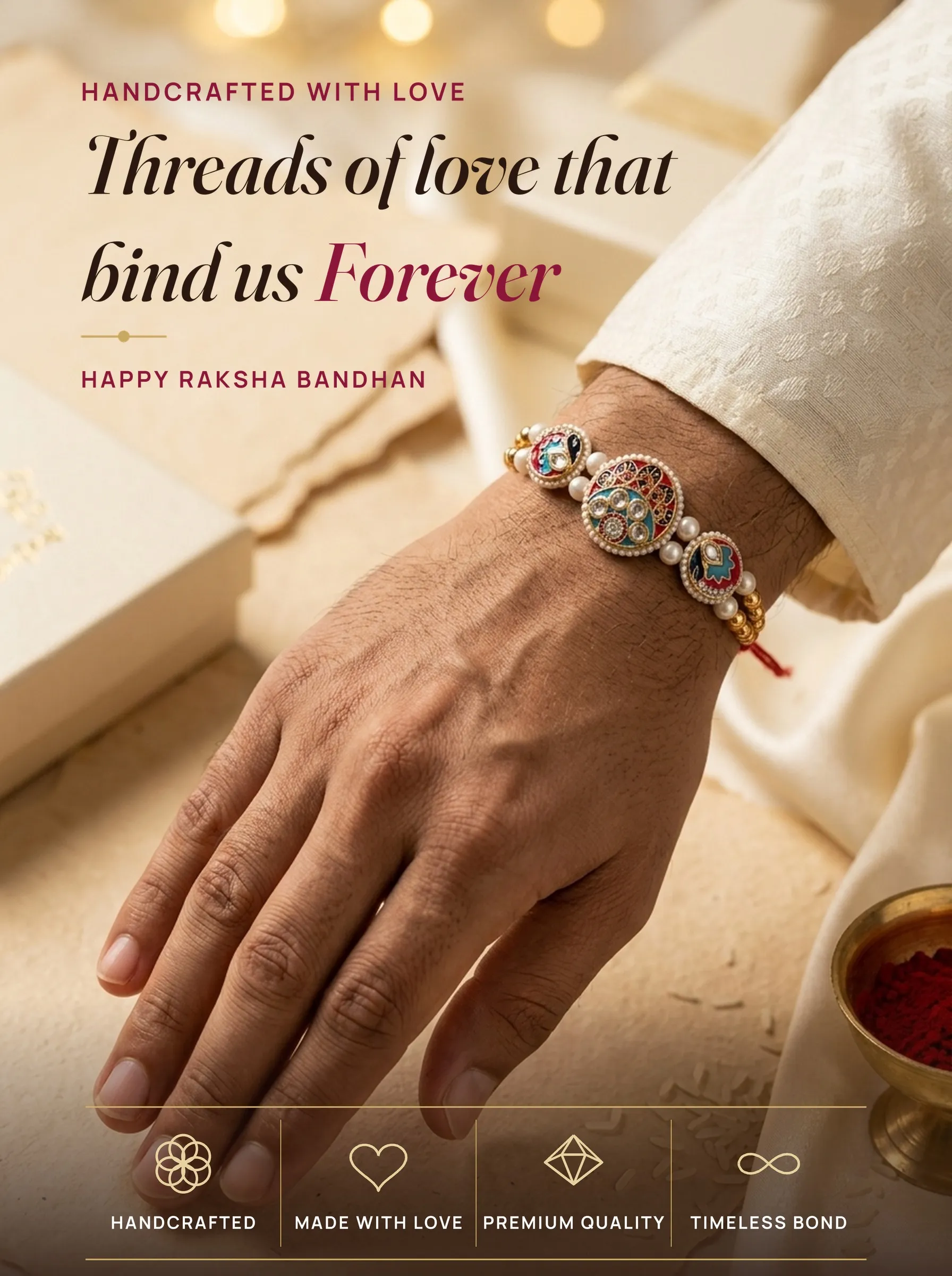 Red-Teal Triple Meenakari Pearl Rakhi – handmade Meenakari rakhi from Bikaner by Arihant Novelty