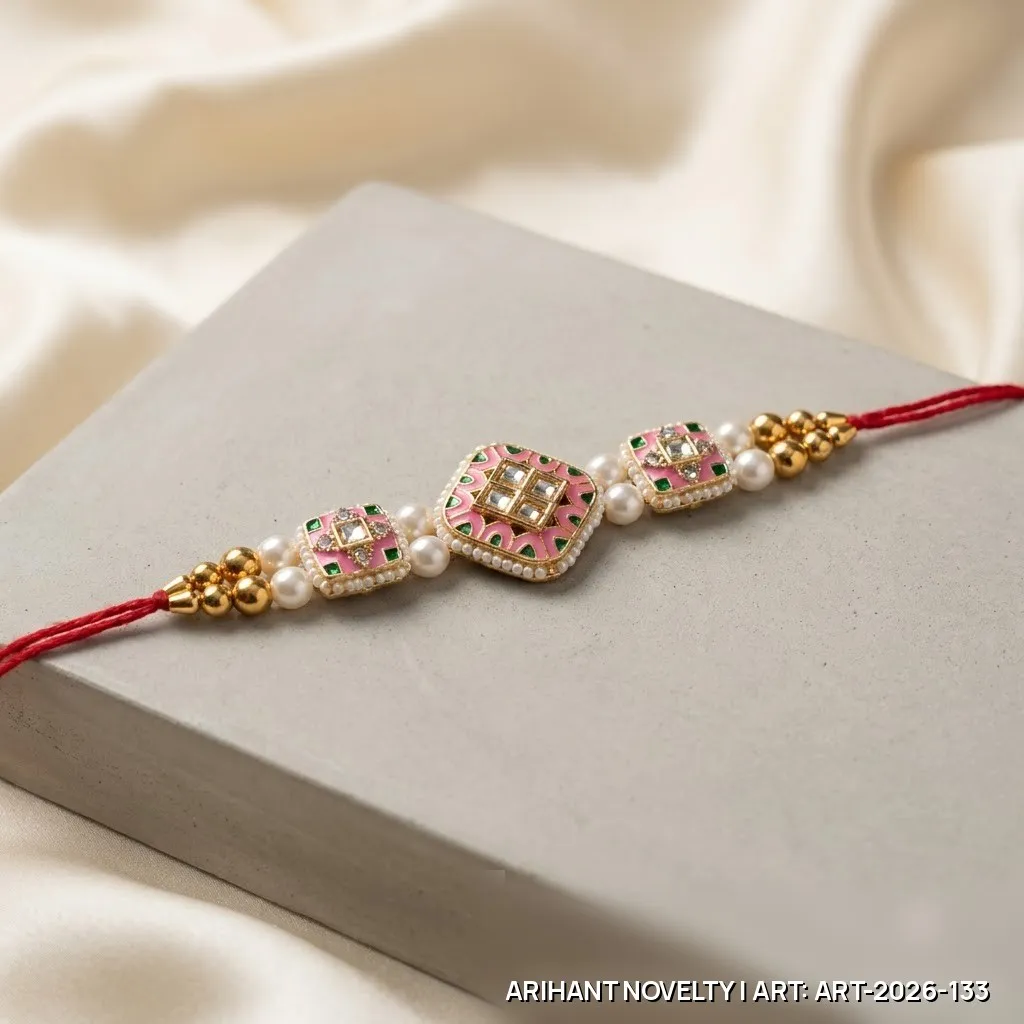Pink Meenakari Square Trio Rakhi – handmade Meenakari rakhi from Bikaner by Arihant Novelty