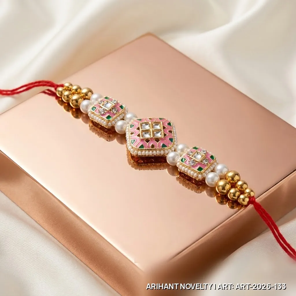 Pink Meenakari Square Trio Rakhi – handmade Meenakari rakhi from Bikaner by Arihant Novelty