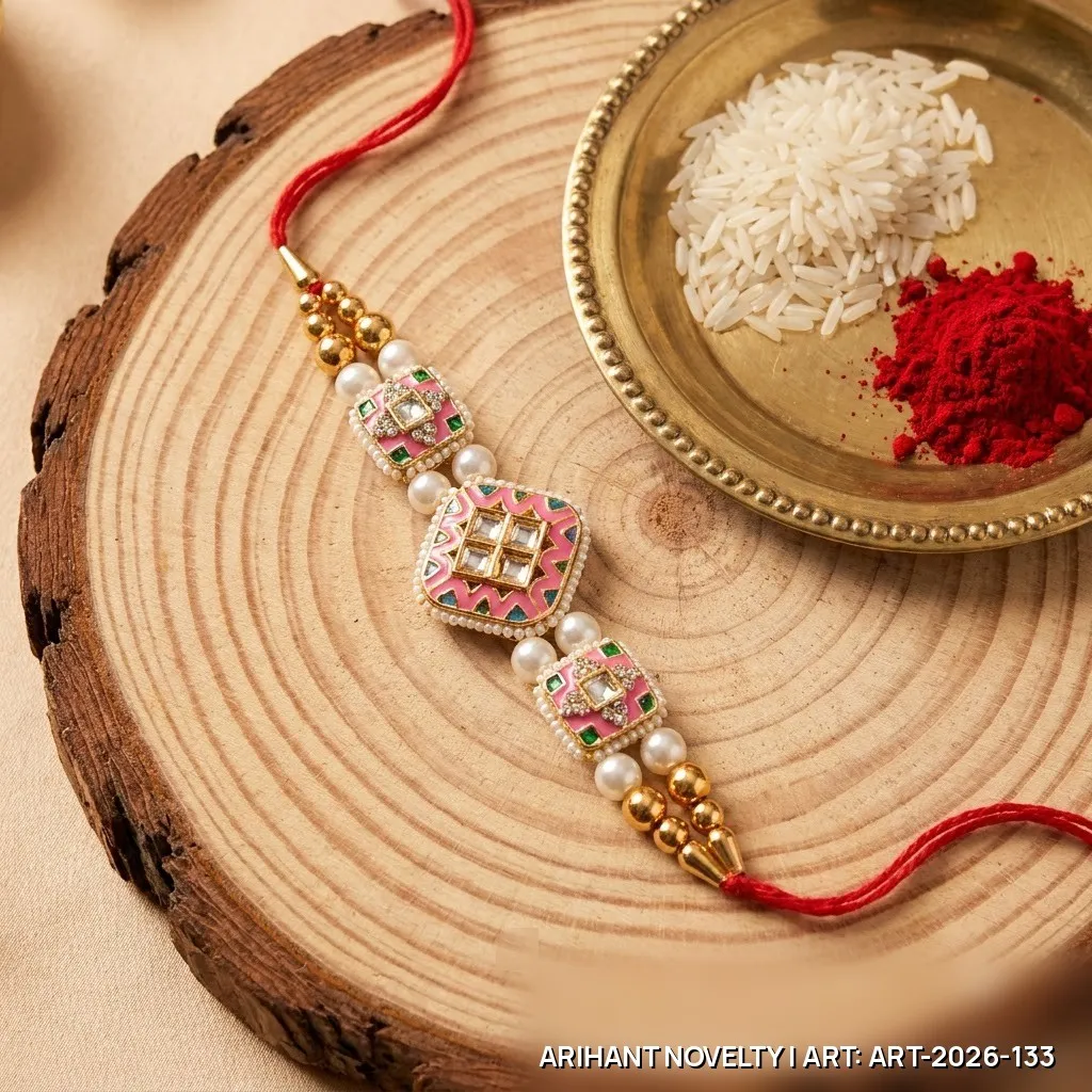 Pink Meenakari Square Trio Rakhi – handmade Meenakari rakhi from Bikaner by Arihant Novelty
