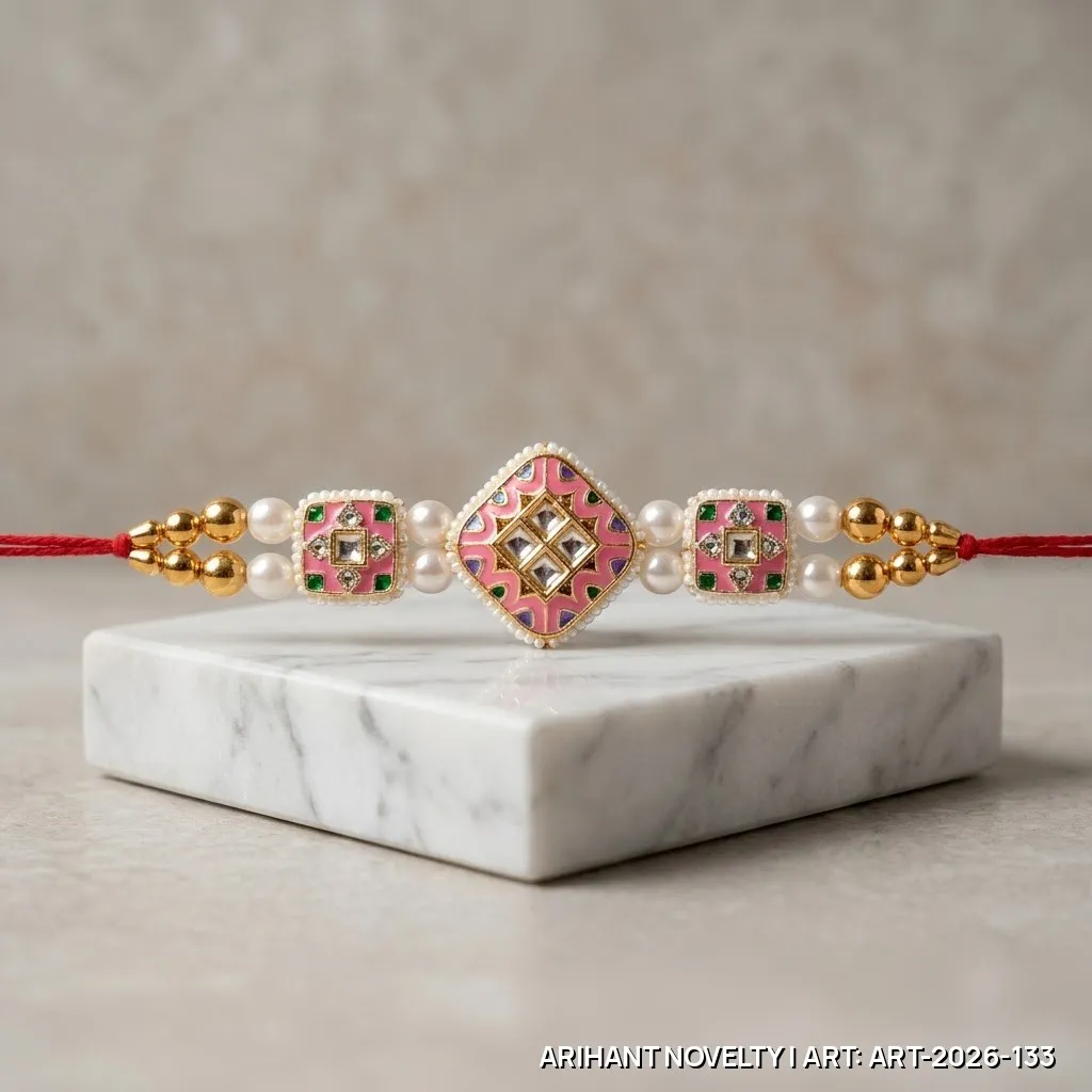 Pink Meenakari Square Trio Rakhi – handmade Meenakari rakhi from Bikaner by Arihant Novelty