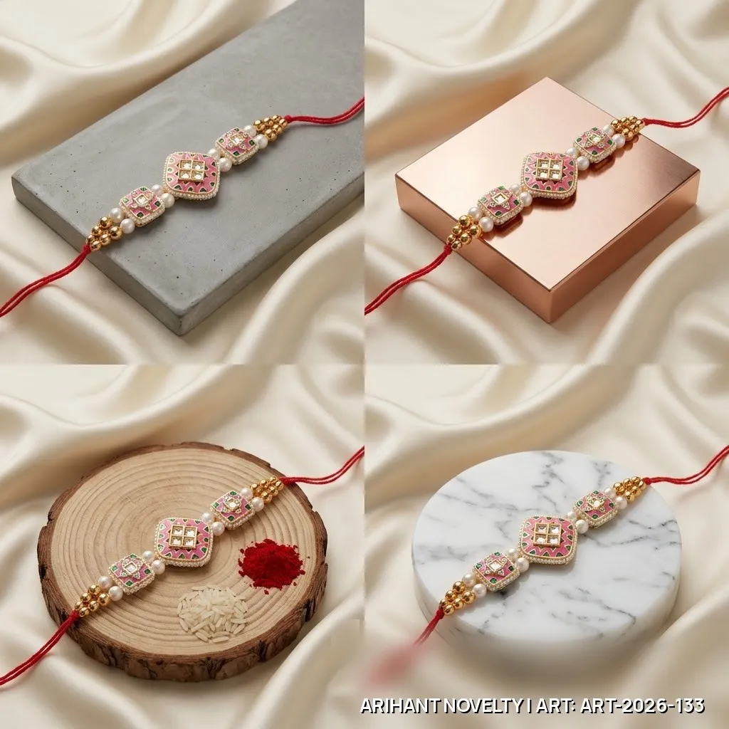 Pink Meenakari Square Trio Rakhi – handmade Meenakari rakhi from Bikaner by Arihant Novelty