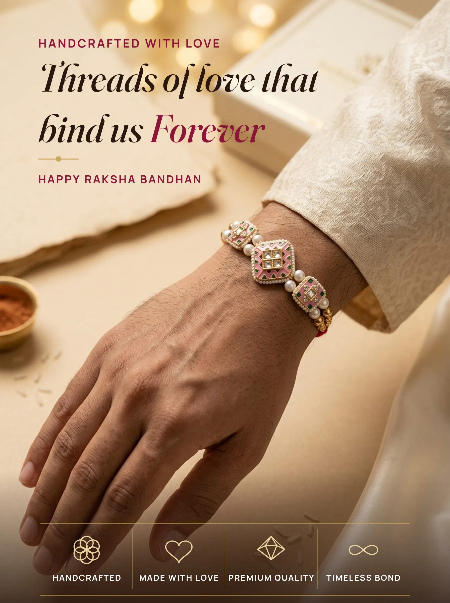 Pink Meenakari Square Trio Rakhi – handmade Meenakari rakhi from Bikaner by Arihant Novelty
