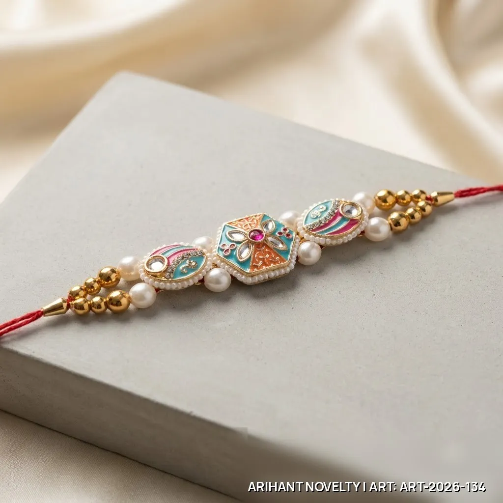 Teal-Orange Meenakari Hexagon Rakhi