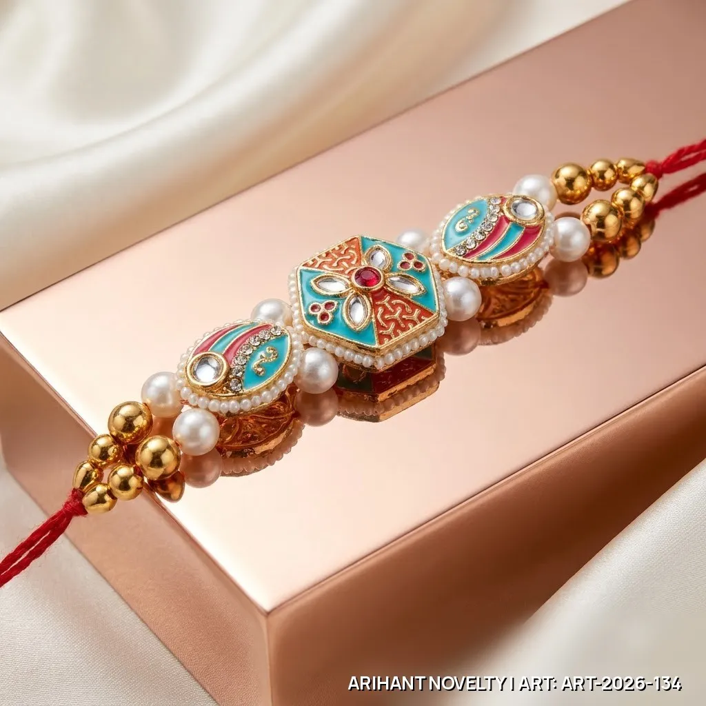 Teal-Orange Meenakari Hexagon Rakhi