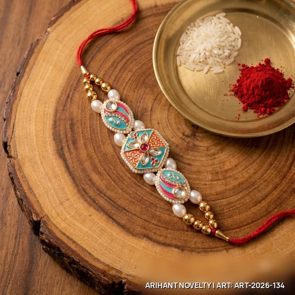 Teal-Orange Meenakari Hexagon Rakhi