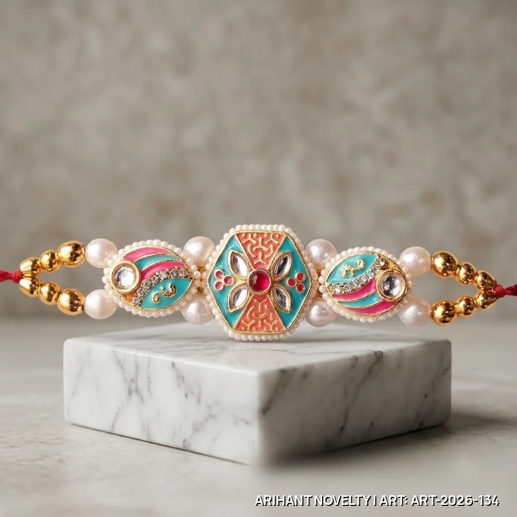 Teal-Orange Meenakari Hexagon Rakhi