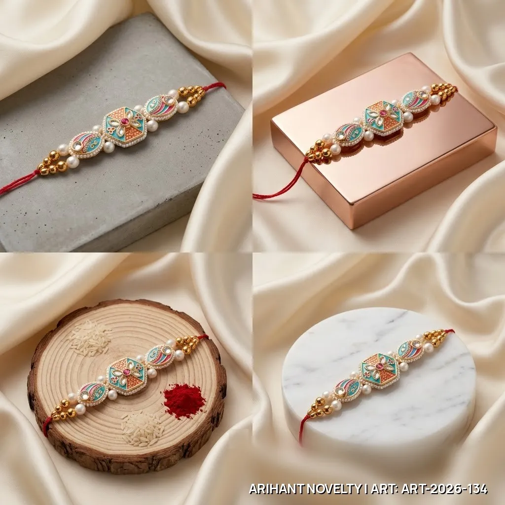 Teal-Orange Meenakari Hexagon Rakhi