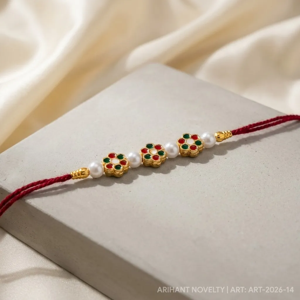 White Petal Meenakari Pearl – handmade Meenakari rakhi from Bikaner by Arihant Novelty