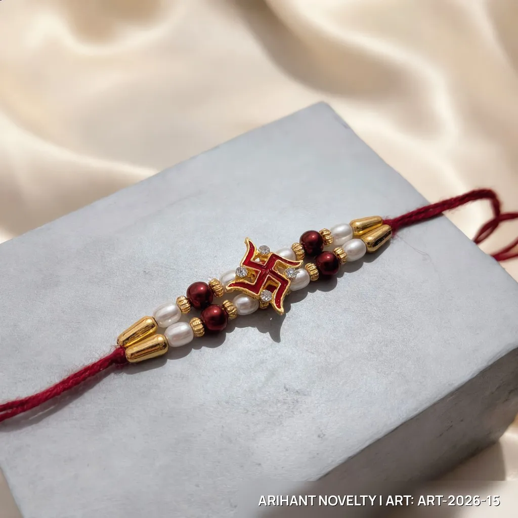 Red Swastik CZ Pearl Rakhi – handmade Traditional rakhi from Bikaner by Arihant Novelty