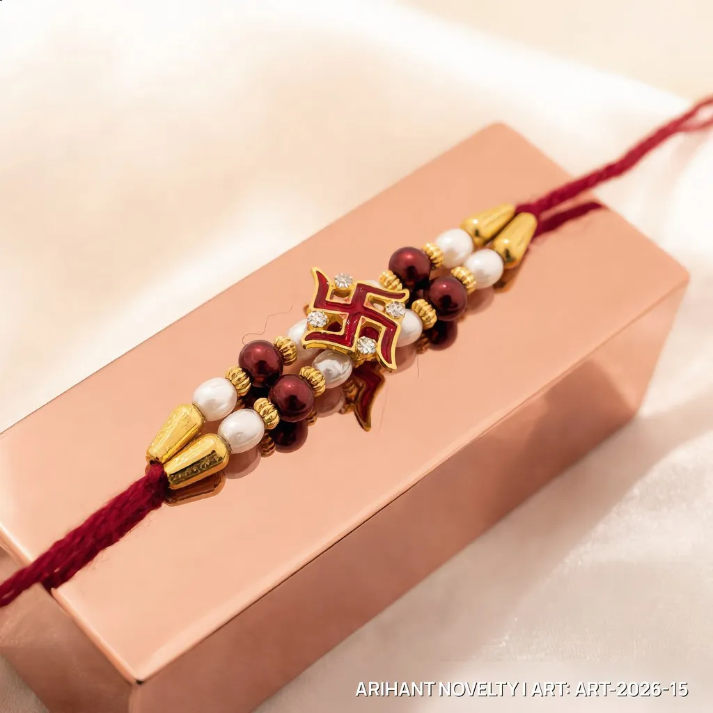 Red Swastik CZ Pearl Rakhi view 2