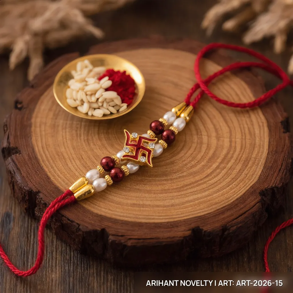 Red Swastik CZ Pearl Rakhi view 3